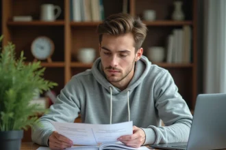 Jeune homme étudiant les questions du permis de conduire 2026 sur des fiches imprimées à son bureau à domicile