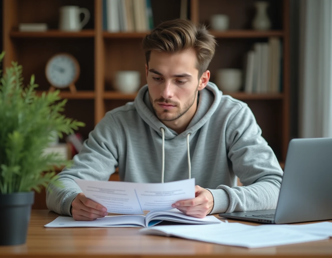 Jeune homme étudiant les questions du permis de conduire 2026 sur des fiches imprimées à son bureau à domicile