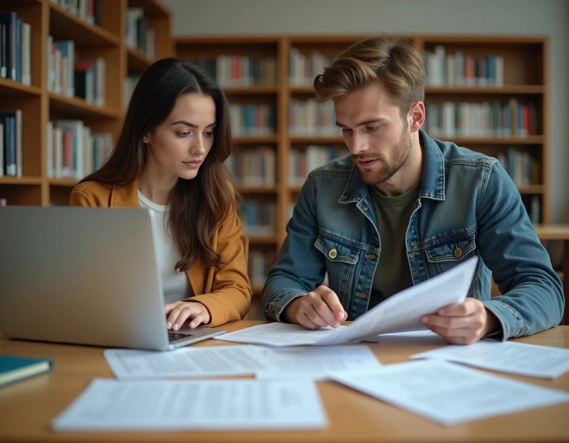 Deux étudiants révisant ensemble les questions du permis de conduire 2026 en PDF dans une bibliothèque