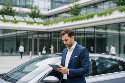 Homme d'affaires en costume dans une ville moderne avec voiture électrique