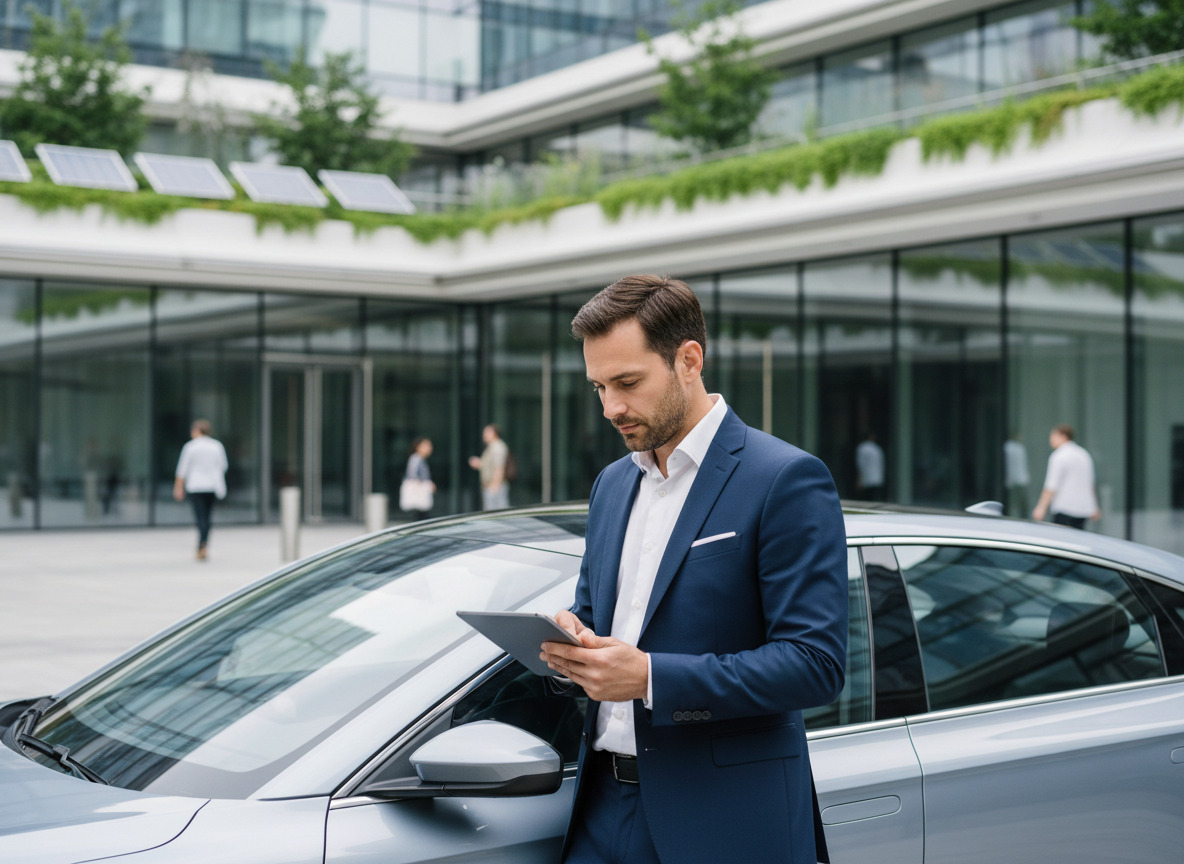 Homme d'affaires en costume dans une ville moderne avec voiture électrique