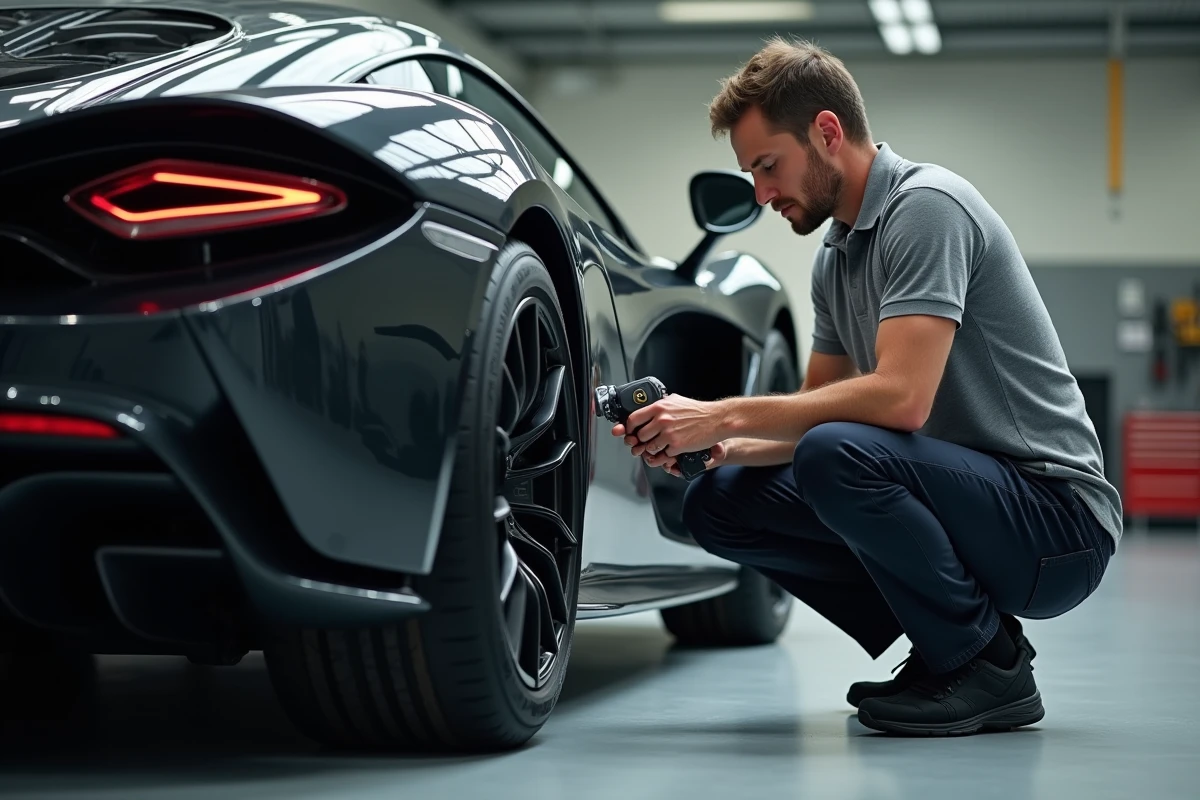 Expert automobile inspectant le châssis d'une McLaren F1 d'occasion pour authentification et estimation collector