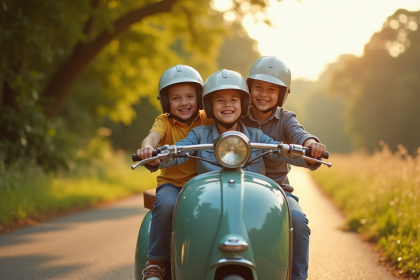 Famille souriante en moto avec sidecar sur route de campagne