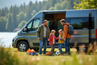 Famille souriante avec van au bord du lac en plein air