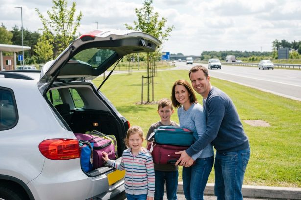 Famille souriante chargant valises dans une voiture de location