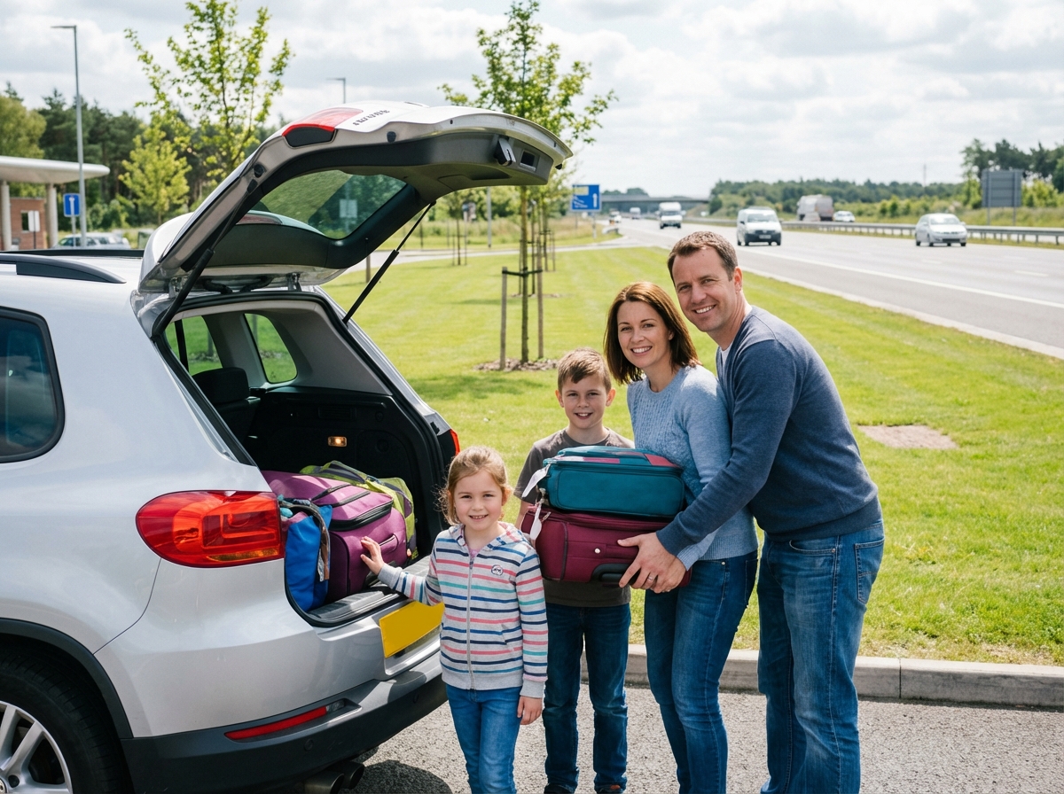 Famille souriante chargant valises dans une voiture de location