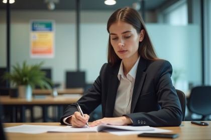 Jeune femme en costume d'affaires dans un bureau d'assurance