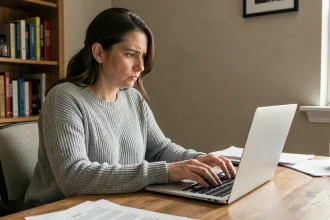 Femme analysant des avis clients en ligne sur un ordinateur portable pour détecter de faux témoignages Transakauto