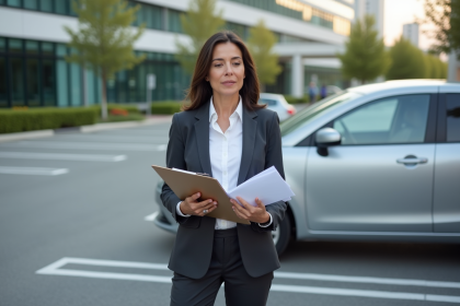 Femme d affaires vérifiant documents d assurance près de sa voiture