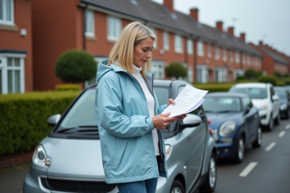 Femme en veste bleue examinant des papiers d'assurance voiture