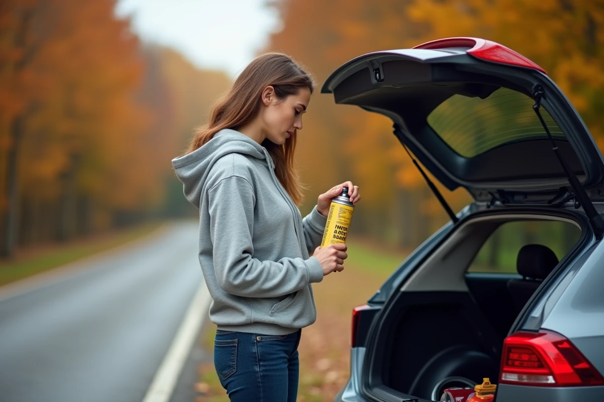 Femme lisant les instructions d'une bombe anti-crevaison au bord d'une route de campagne