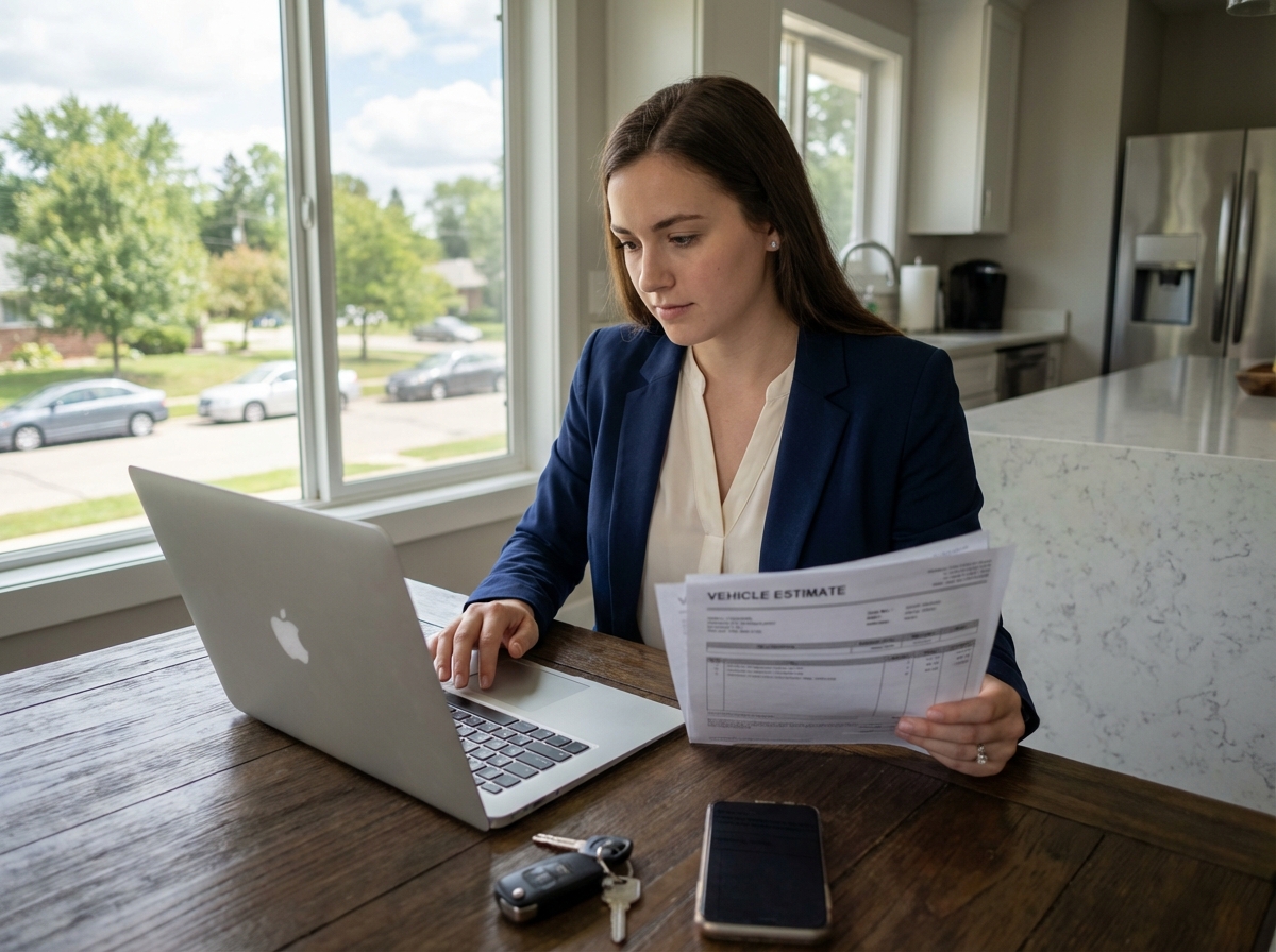 Jeune femme en tenue professionnelle utilisant son ordinateur avec documents voiture