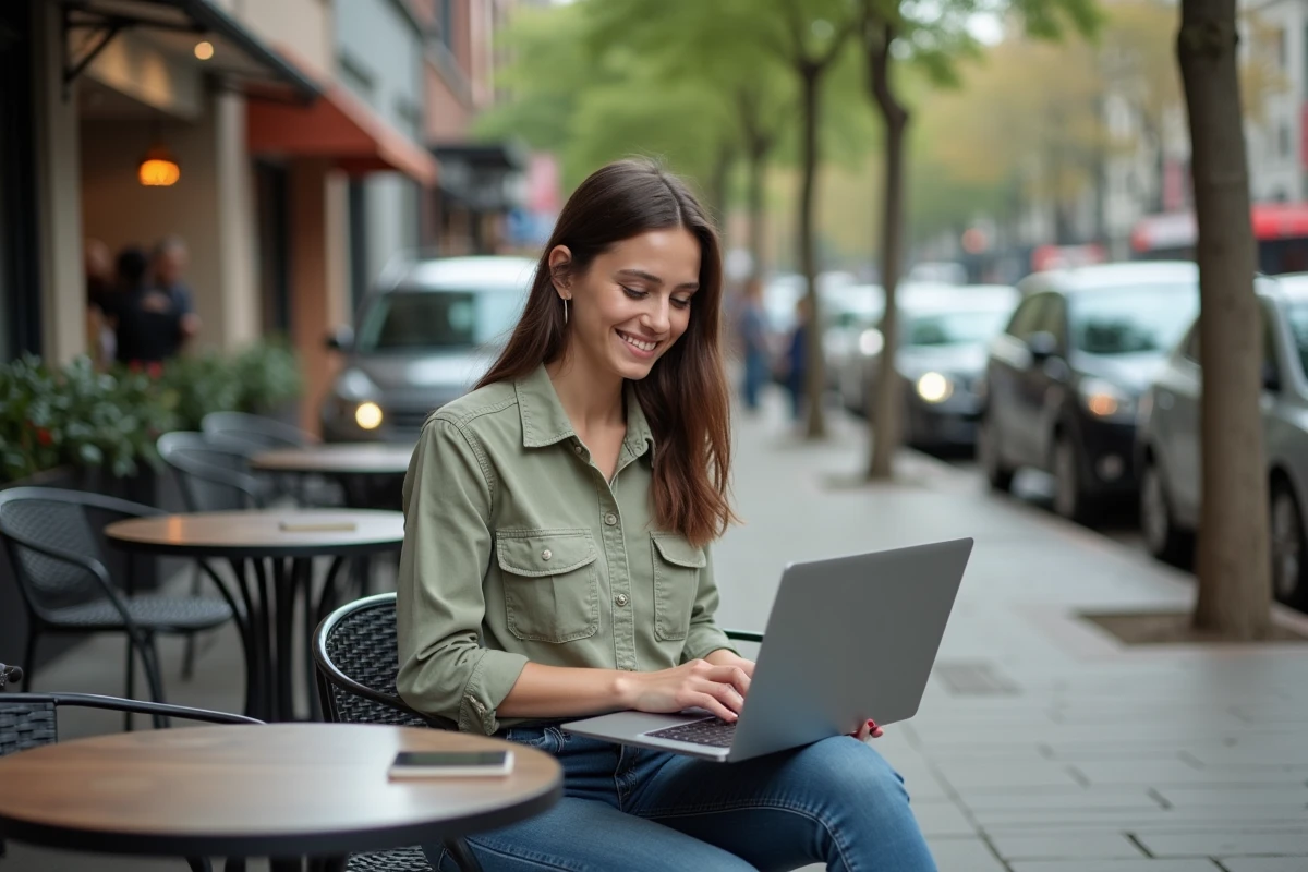 Jeune femme souriante travaillant sur un rapport auto au café