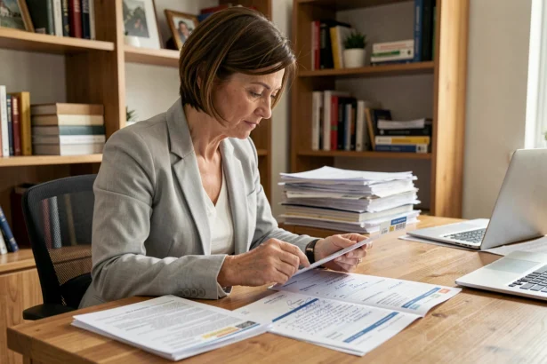 Femme examinant une carte grise et un certificat de cession à son bureau pour un changement de nom