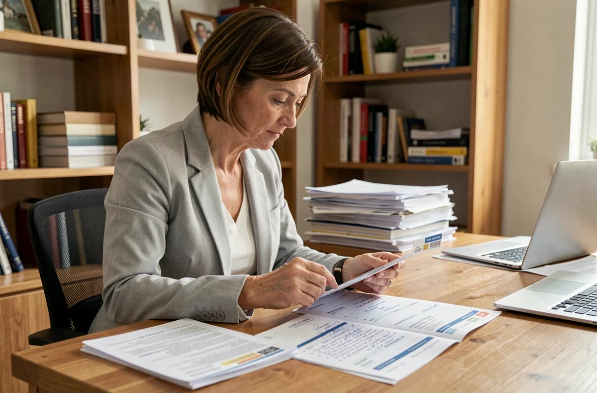 Femme examinant une carte grise et un certificat de cession à son bureau pour un changement de nom