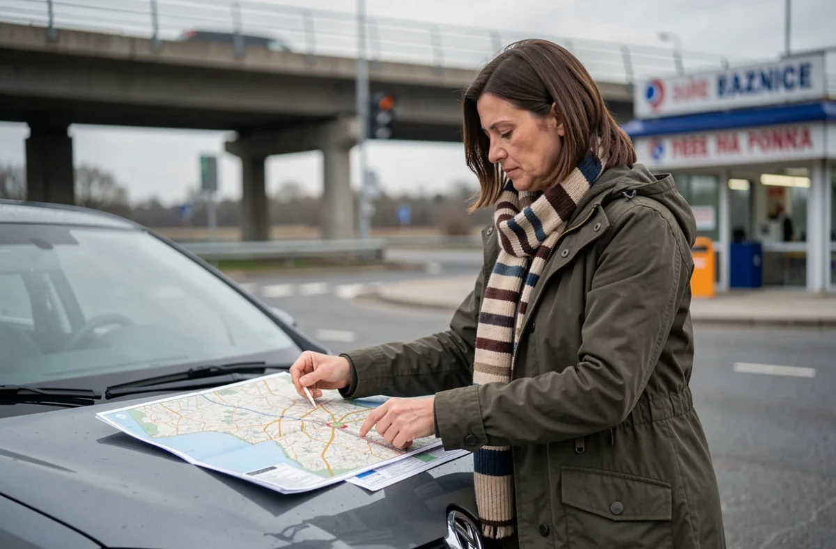 Femme consultant une carte routière à une aire d'autoroute en France, préparant un trajet longue distance