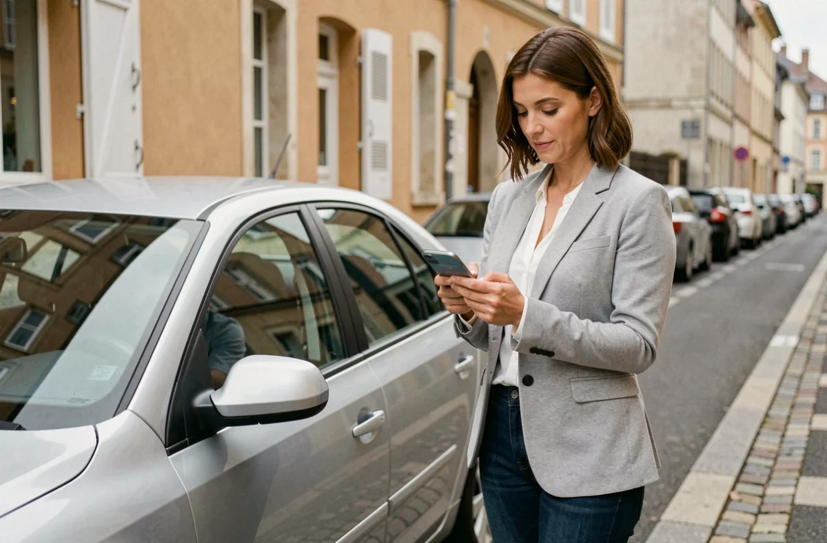 Femme consultant une application de comparaison d'assurance auto sur smartphone à côté de sa voiture à Forbach