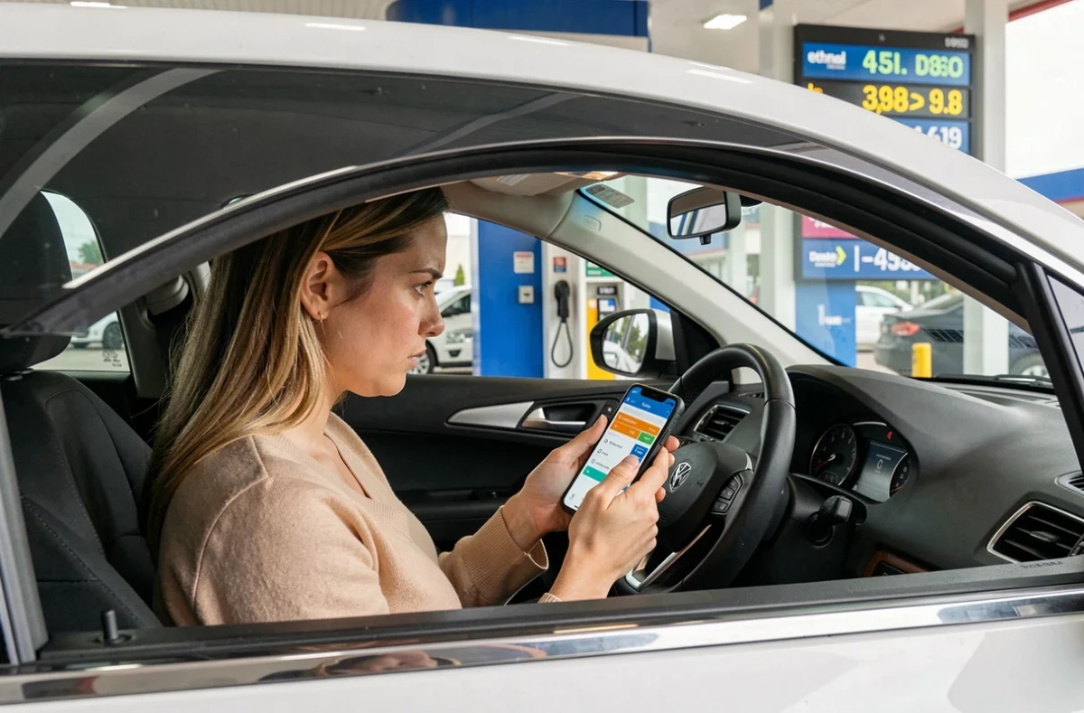 Femme dans sa voiture consultant une comparaison de prix de carburant sur smartphone à la station-service