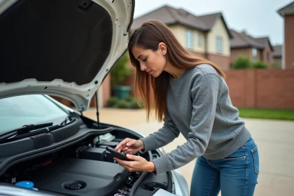 Femme consultant son smartphone pour comprendre le moteur de sa voiture dans une allée résidentielle