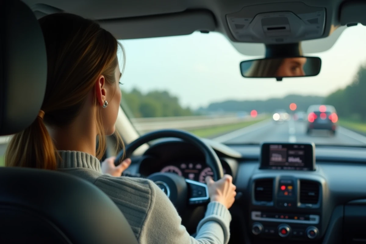 Femme concentrée surveillant le tableau de bord en voiture