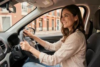 Jeune femme conduisant une voiture sans permis dans les rues de Toulouse