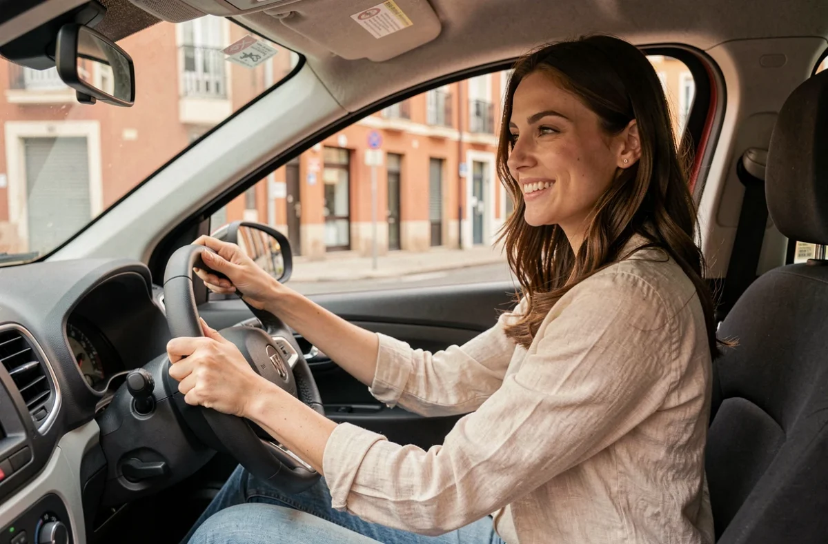 Jeune femme conduisant une voiture sans permis dans les rues de Toulouse