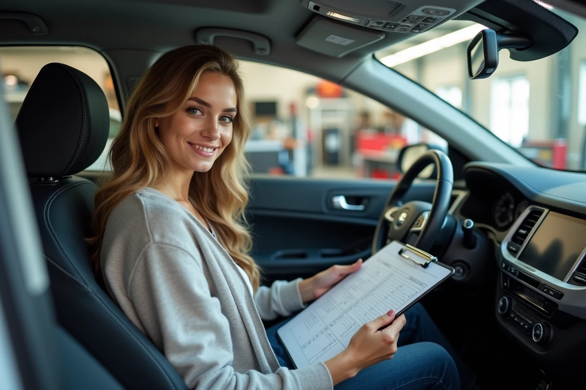 Femme contrôlant une voiture dans un garage moderne