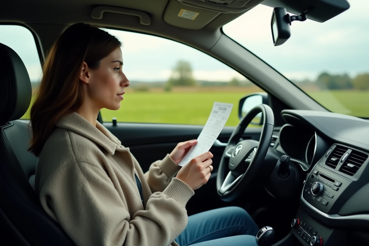 Jeune femme examine une contravention dans sa voiture