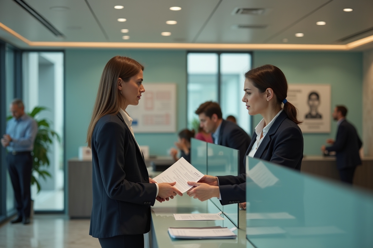 Femme en blouse remettant documents à un agent dans bureau