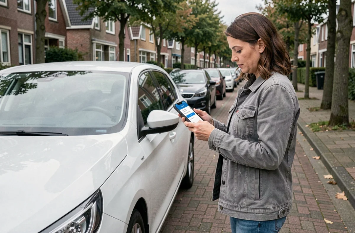 Femme consultant une application de diagnostic auto sur son téléphone devant sa Peugeot en ville