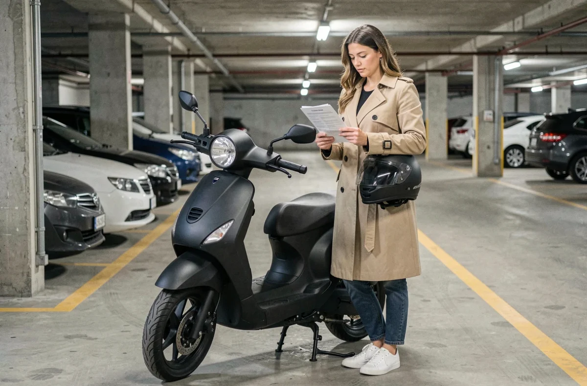 Femme avec casque et document d'assurance à côté d'un scooter 300cc dans un parking souterrain