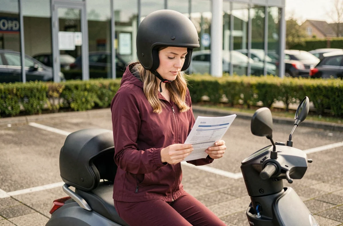 Femme consultant un document d'assurance scooter électrique 50cc dans un parking près d'une agence d'assurance