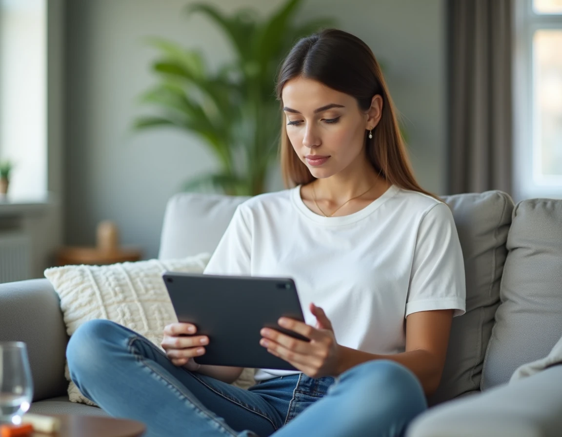 Jeune femme s'entraînant aux questions du code de la route 2026 sur une tablette dans son salon