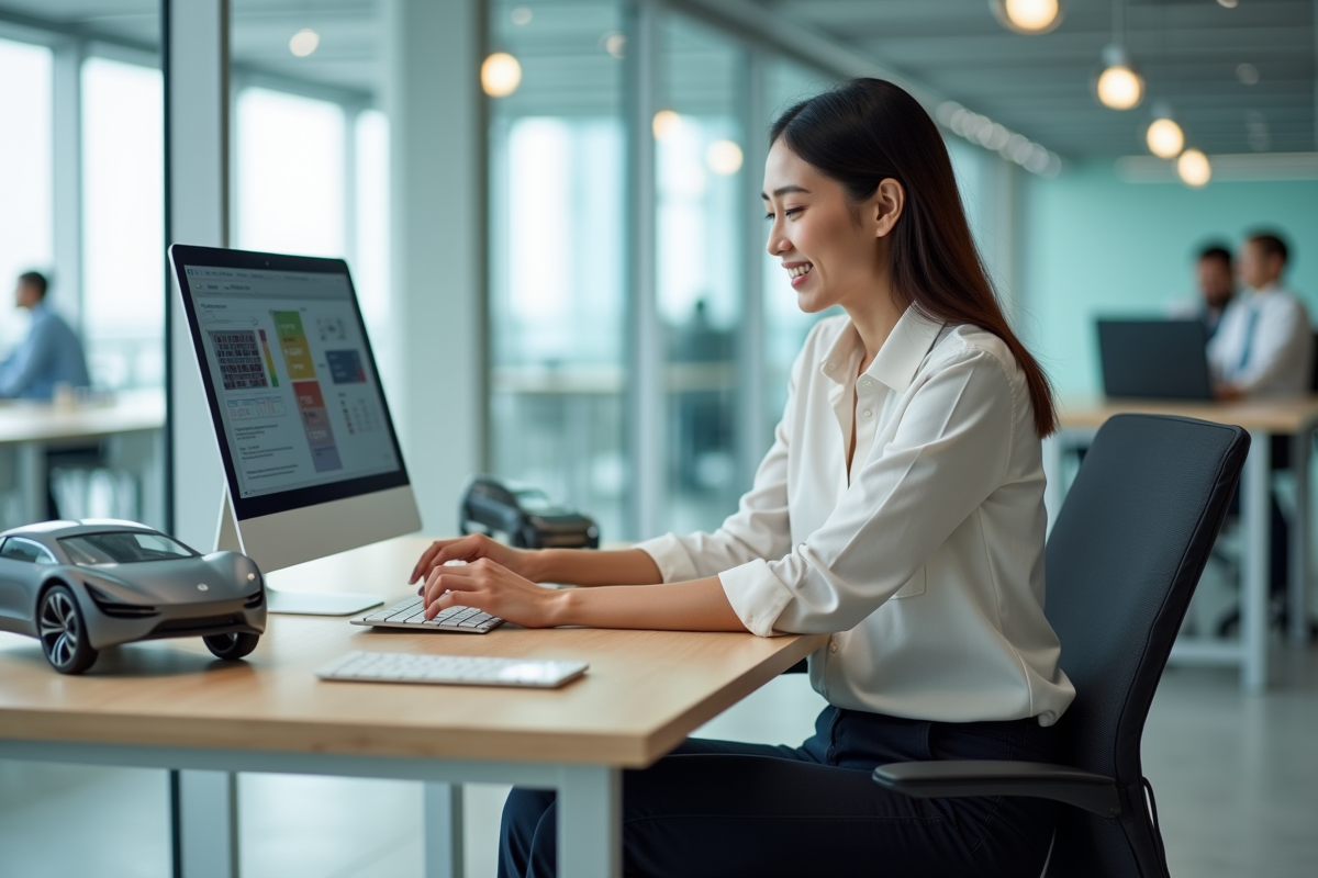 Femme souriante dans un bureau avec modèles de voitures