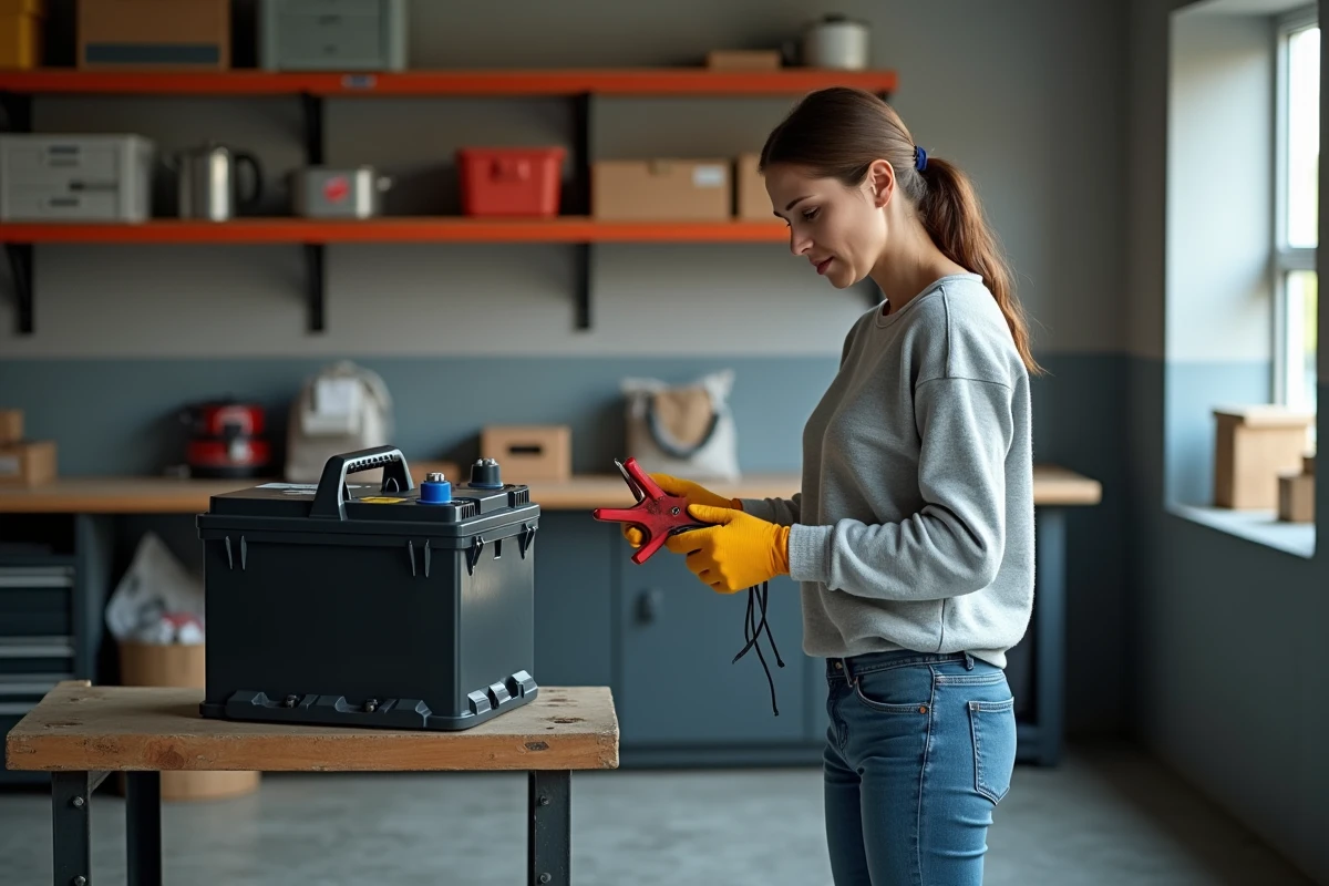Femme inspectant une batterie dans un garage propre