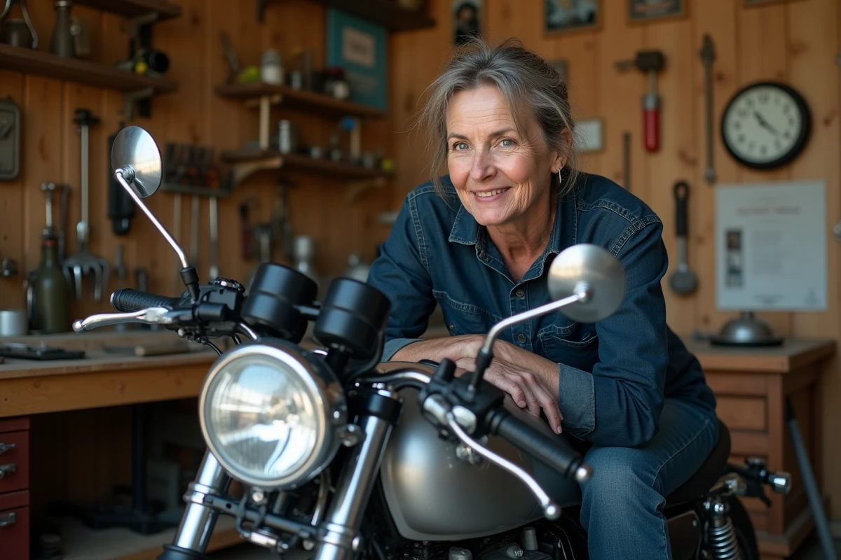 Femme inspectant sa moto dans un atelier maison