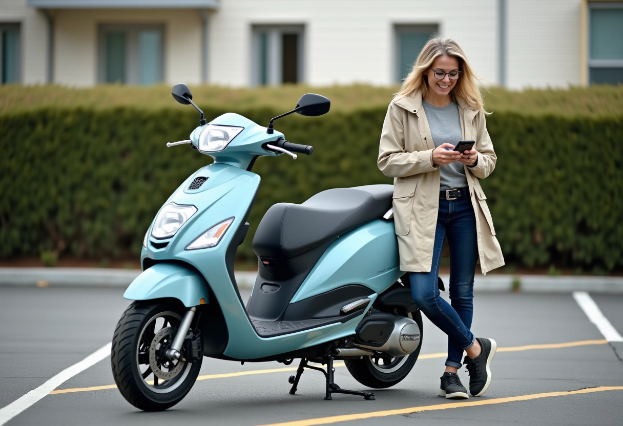 Femme avec scooter dans parking suburbain