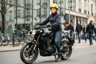Jeune femme avec casque jaune assise sur une moto 125 électrique noire en ville, illustrant l'assurance moto 125 électrique