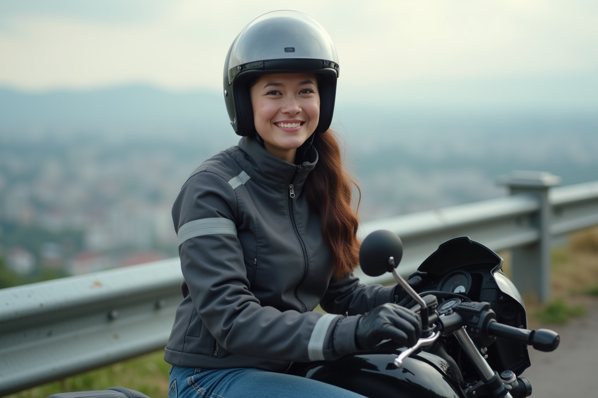 Femme souriante ajustant son casque moto au scenic overlook