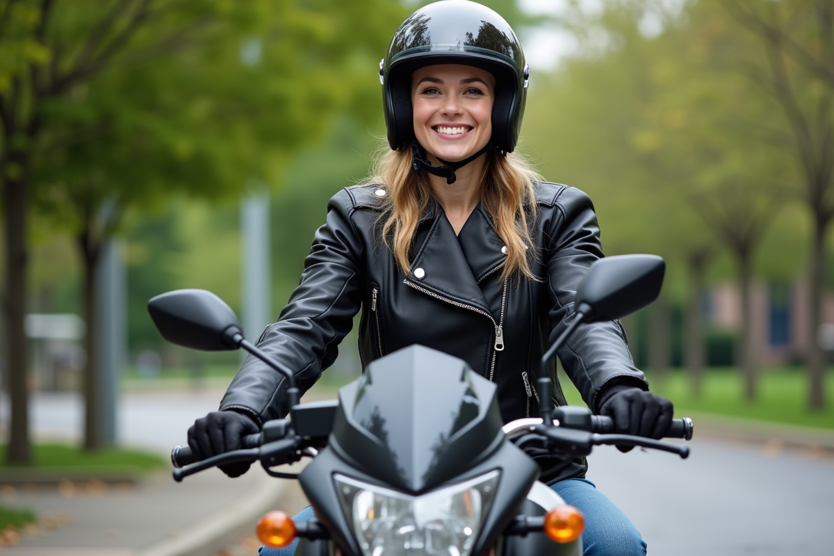 Femme confiante en moto 125cc en ville