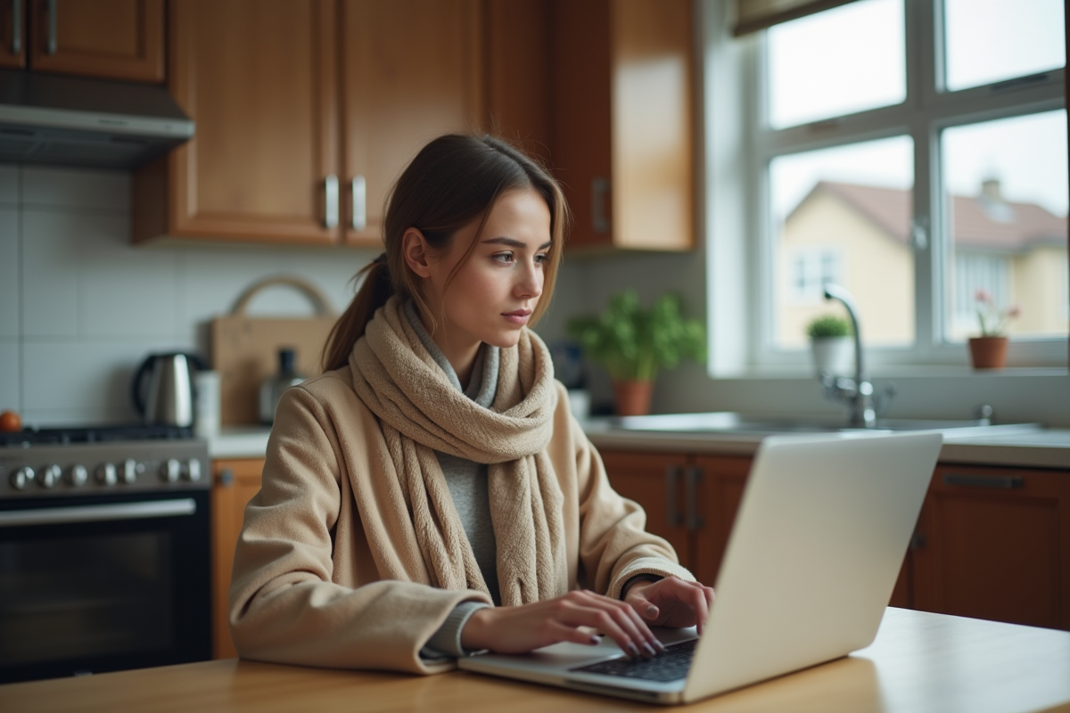 Jeune femme tapant sur son ordinateur dans une cuisine moderne