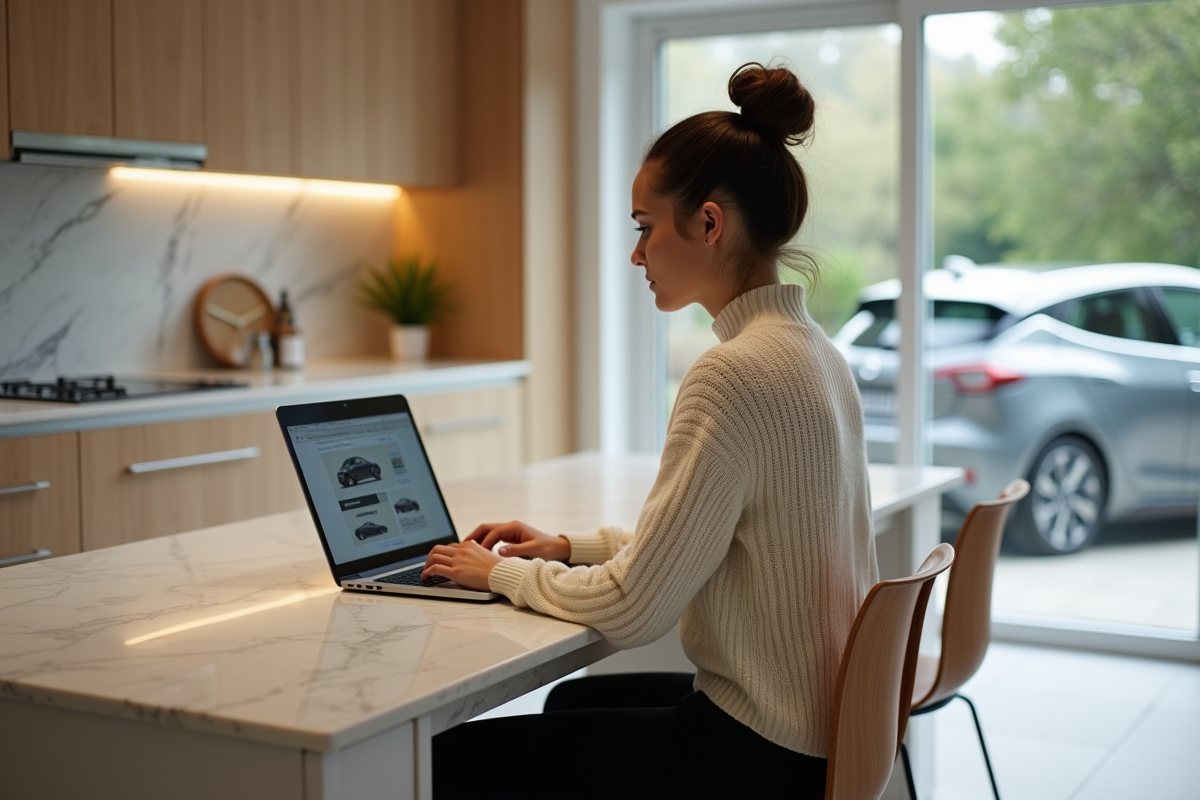 Femme jeune utilisant ordinateur dans la cuisine