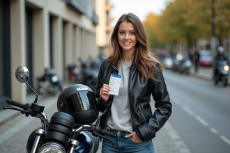 Femme souriante avec permis moto et casque devant une école de conduite