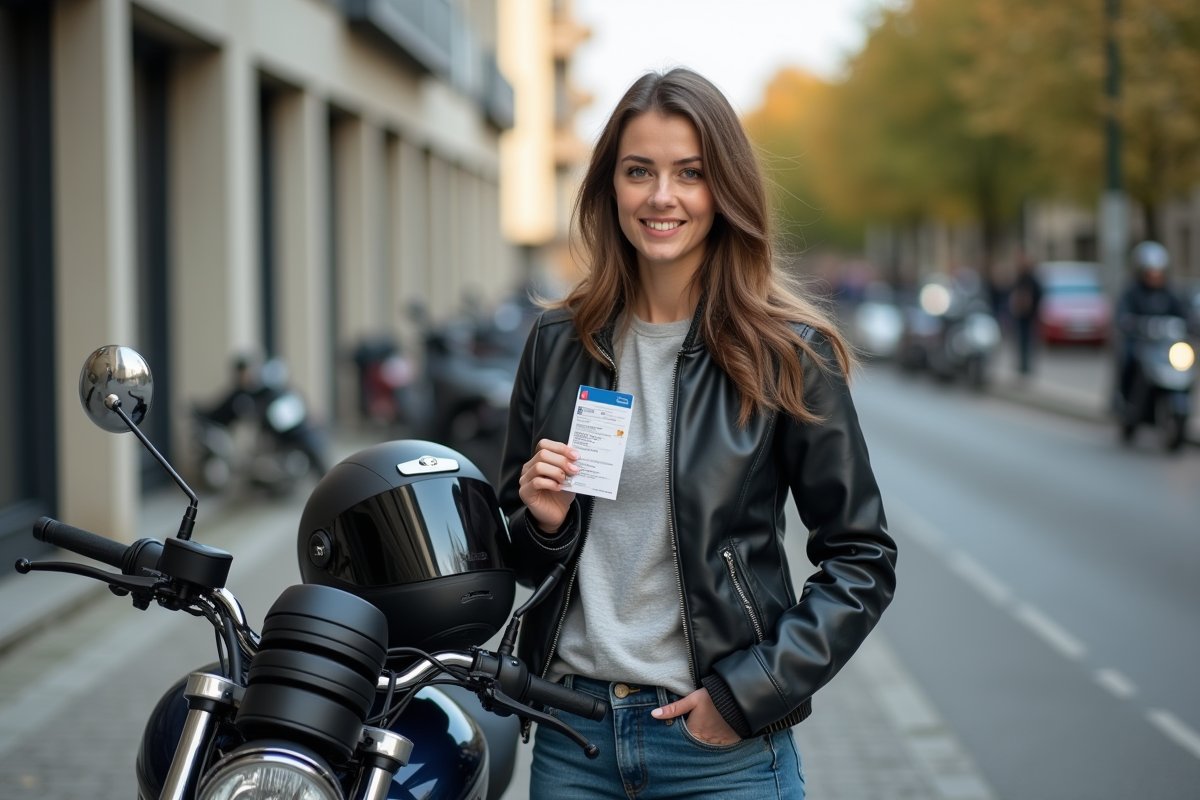 Femme souriante avec permis moto et casque devant une école de conduite