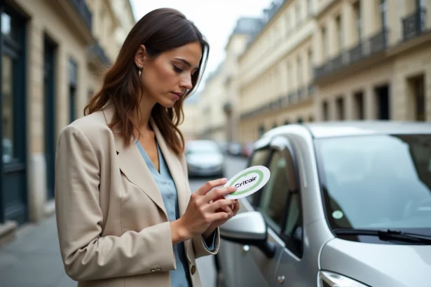 Femme collant une vignette Crit'Air sur le pare-brise d'une voiture de location à Paris