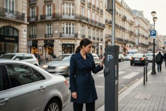 Jeune femme professionnelle lisant un parcmètre en ville