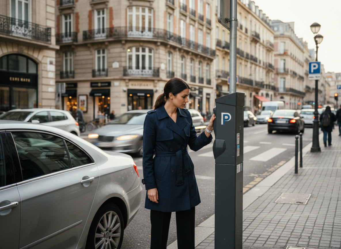 Jeune femme professionnelle lisant un parcmètre en ville