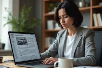 Femme consultant Wikipédia sur un ordinateur portable pour comparer les fiches techniques d'une Peugeot 208 avant un achat