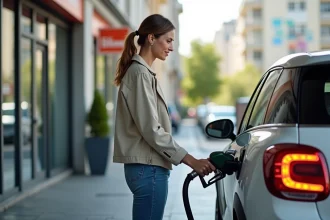 Femme remplissant sa voiture compacte en ville