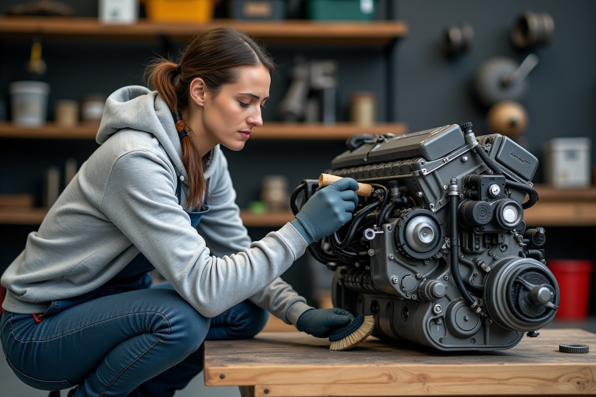 Jeune femme réparant un moteur diesel dans un garage organisé